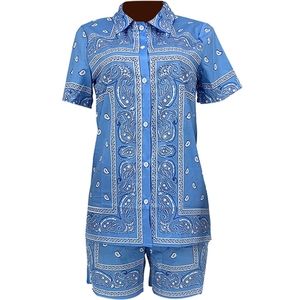 Blue Paisley Women's Shirt and Shorts Set